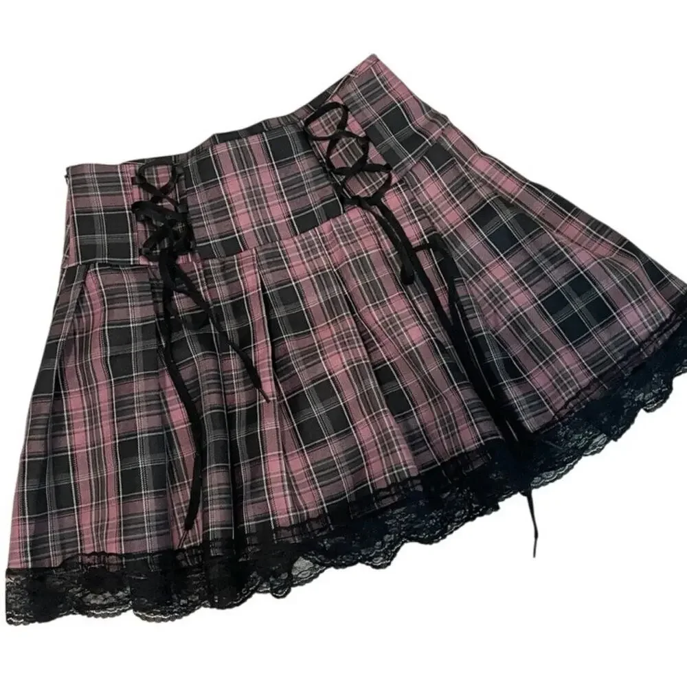 Romwe small schoolgirl plaid lace tie mini skirt cosplay SK 3467
